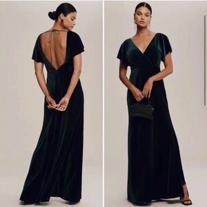 Jenny Yoo Ellis Flutter-Sleeve Open-Back Stretch Velvet Gown in Emerald NWT!